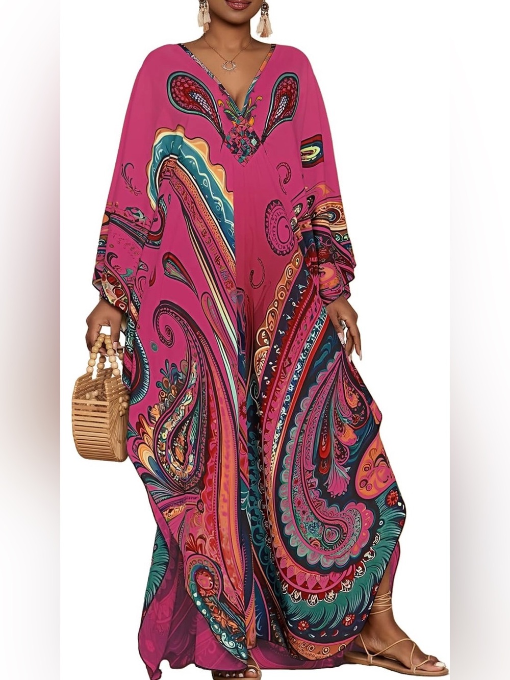 Vibrant Kaftan Dresses for Women Ethnic Print Batwing Sleeve with Pockets